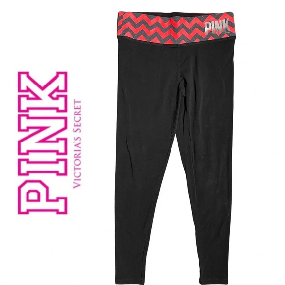 🛍️3/$40 Pink Victoria’s  Secret Black Leggings Chevron Waistband Size Small - Picture 1 of 4
